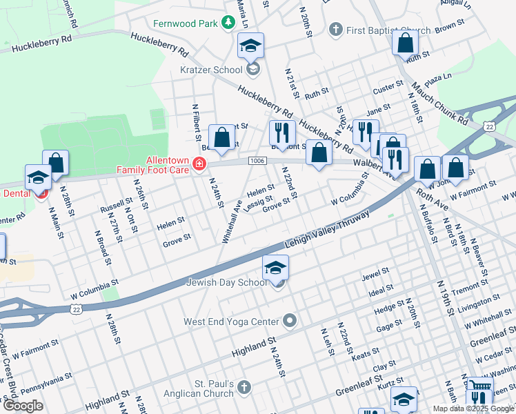 map of restaurants, bars, coffee shops, grocery stores, and more near 2249 Grove Street in Allentown