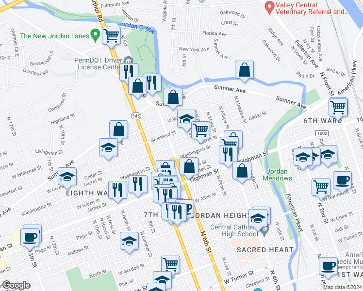 map of restaurants, bars, coffee shops, grocery stores, and more near 528 Cedar Street in Allentown