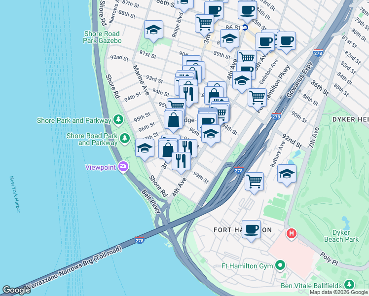 map of restaurants, bars, coffee shops, grocery stores, and more near 9701 3rd Avenue in Brooklyn