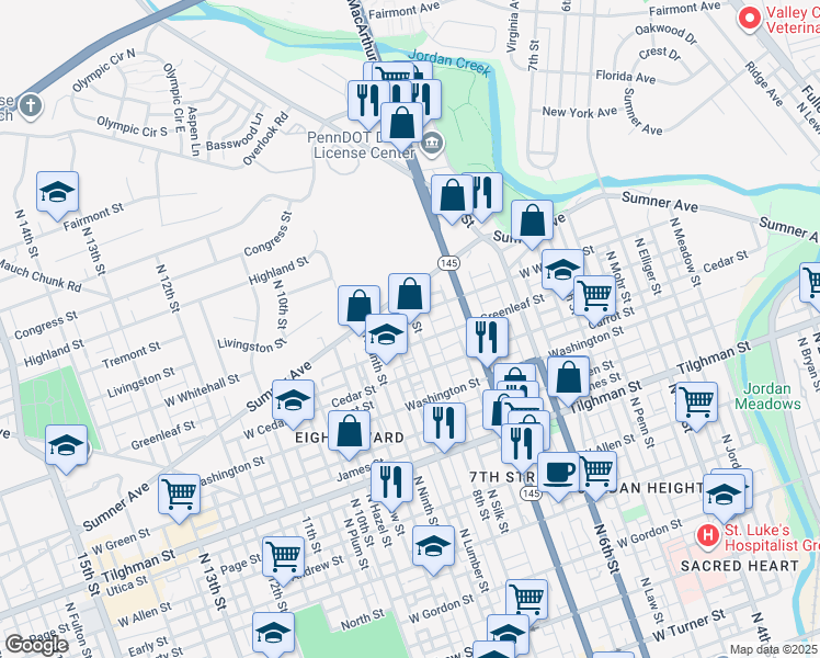 map of restaurants, bars, coffee shops, grocery stores, and more near 751 West Whitehall Street in Allentown