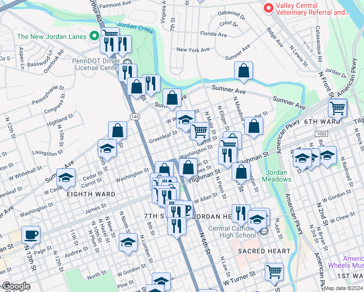 map of restaurants, bars, coffee shops, grocery stores, and more near 524 Cedar Street in Allentown