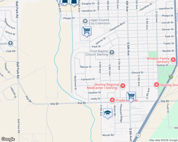 map of restaurants, bars, coffee shops, grocery stores, and more near 1020 South 10th Avenue in Sterling