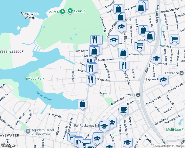 map of restaurants, bars, coffee shops, grocery stores, and more near 148 Sheridan Boulevard in Inwood