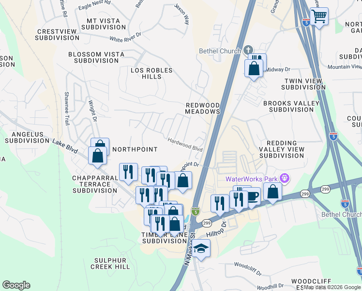 map of restaurants, bars, coffee shops, grocery stores, and more near 418 Bitterroot Drive in Redding