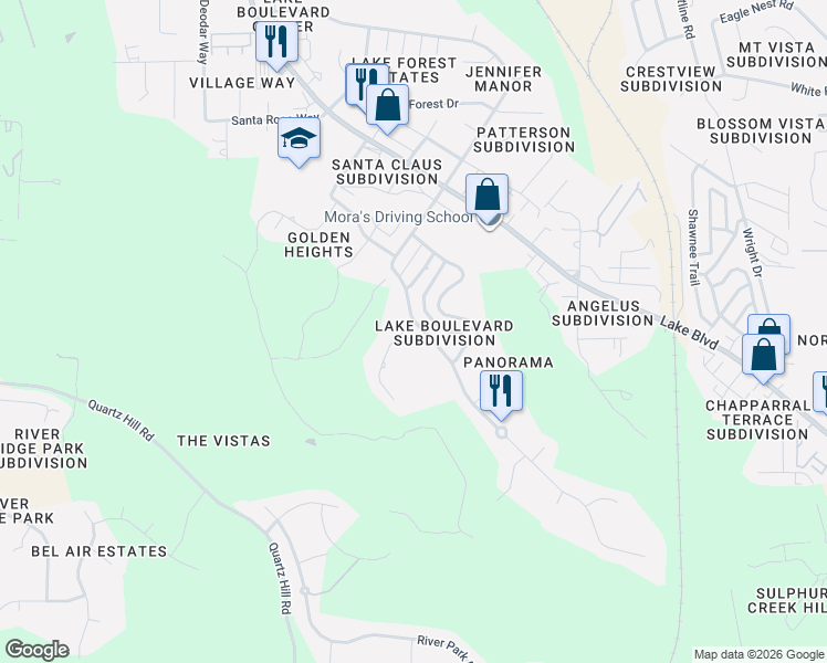 map of restaurants, bars, coffee shops, grocery stores, and more near 3300 Panorama Drive in Redding