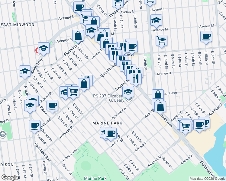 map of restaurants, bars, coffee shops, grocery stores, and more near 1770 Coleman Street in Brooklyn