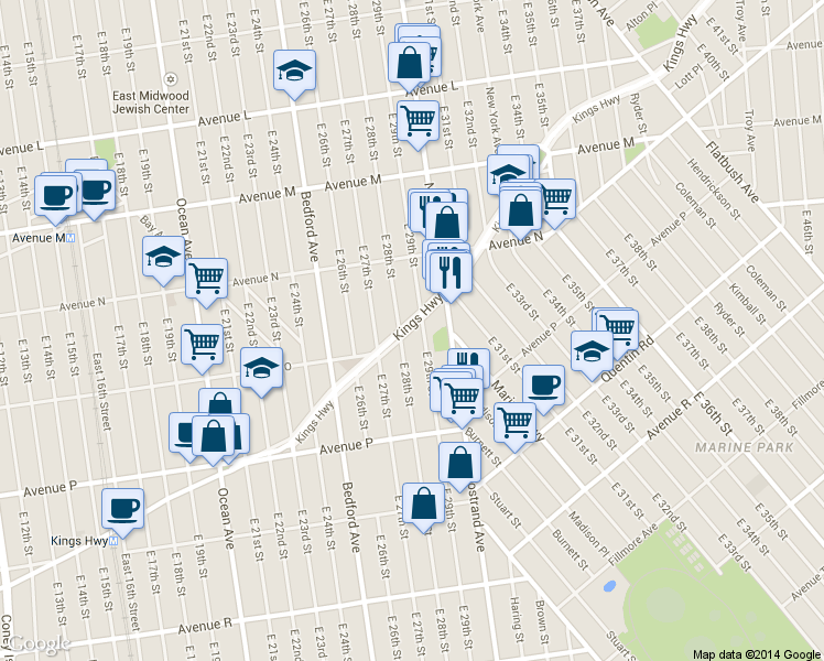 map of restaurants, bars, coffee shops, grocery stores, and more near 2907 Kings Highway in Brooklyn