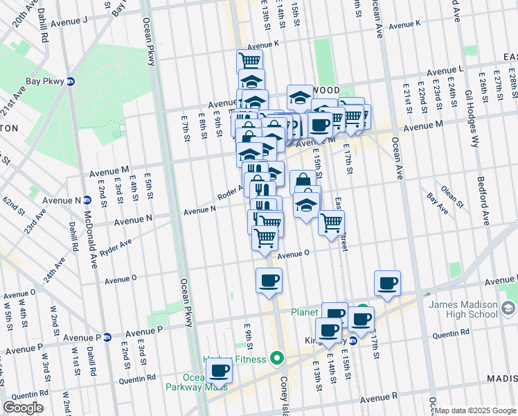 map of restaurants, bars, coffee shops, grocery stores, and more near 1722A Coney Island Avenue in Brooklyn