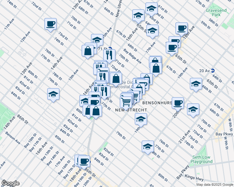 map of restaurants, bars, coffee shops, grocery stores, and more near 7402 17th Avenue in Brooklyn