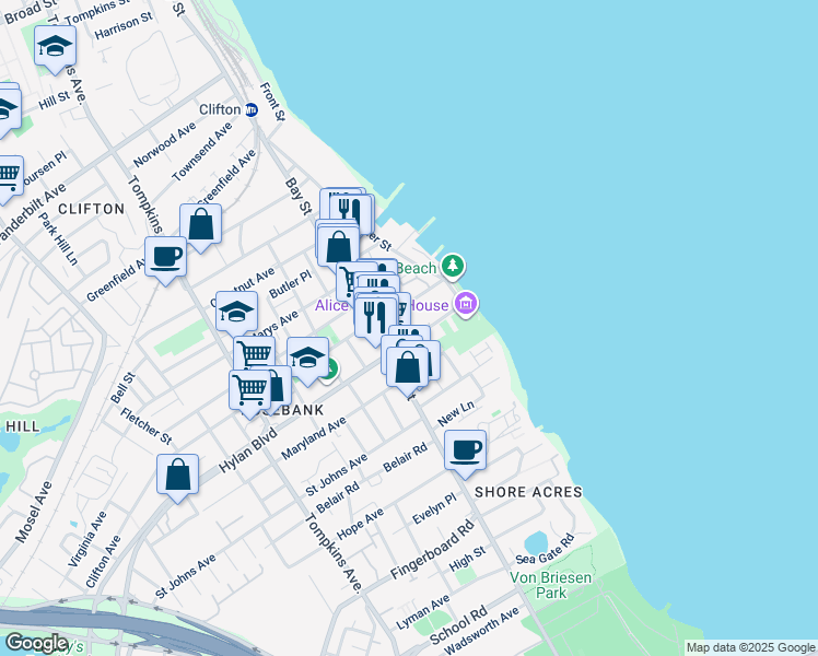 map of restaurants, bars, coffee shops, grocery stores, and more near 50 Clifton Avenue in Staten Island