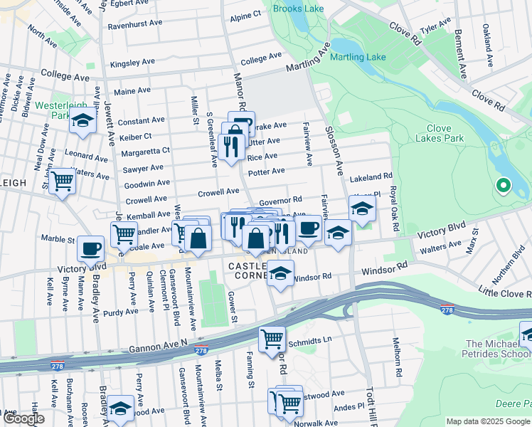 map of restaurants, bars, coffee shops, grocery stores, and more near 105 Governor Road in Staten Island