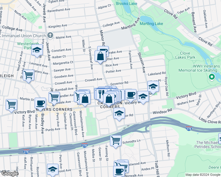 map of restaurants, bars, coffee shops, grocery stores, and more near 105 Governor Road in Staten Island