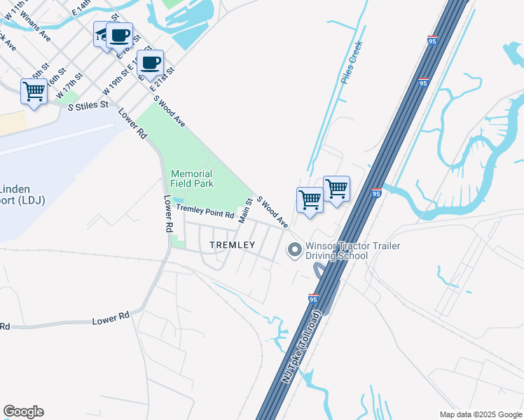 map of restaurants, bars, coffee shops, grocery stores, and more near 3024 South Wood Avenue in Linden