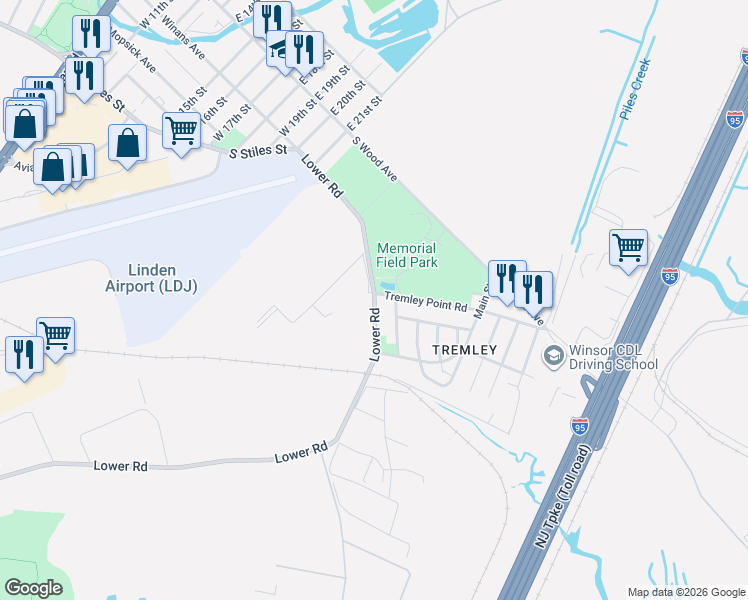 map of restaurants, bars, coffee shops, grocery stores, and more near in Linden