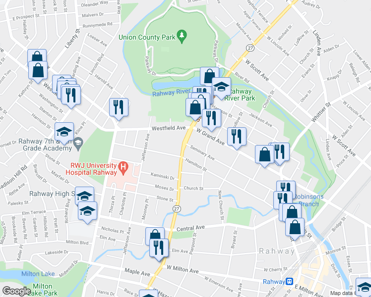 map of restaurants, bars, coffee shops, grocery stores, and more near 1600 Saint Georges Avenue in Rahway