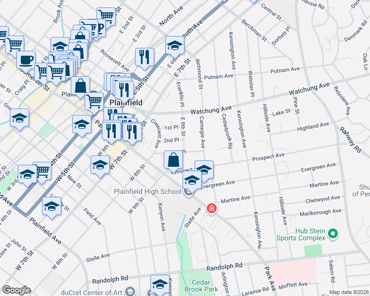 map of restaurants, bars, coffee shops, grocery stores, and more near 220-22 East 9th Street in Plainfield