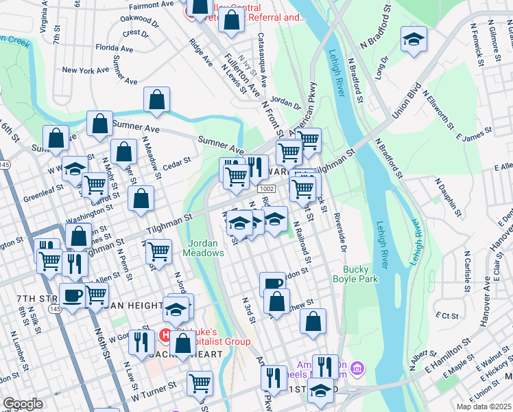 map of restaurants, bars, coffee shops, grocery stores, and more near 175 Tilghman Street in Allentown