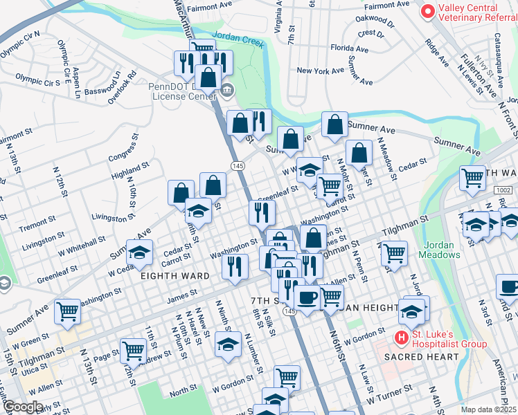 map of restaurants, bars, coffee shops, grocery stores, and more near 631 Greenleaf Street in Allentown