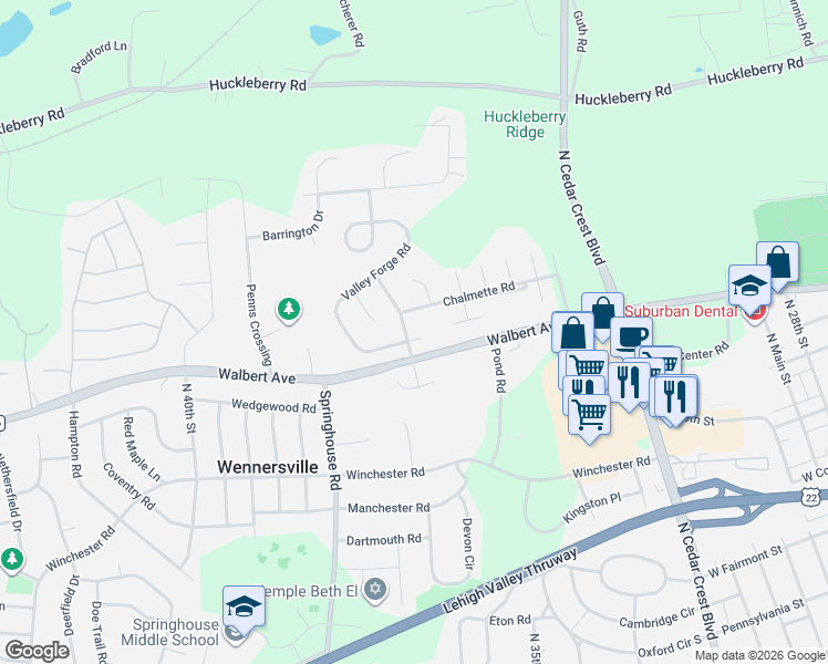 map of restaurants, bars, coffee shops, grocery stores, and more near 3600 Chalmette Road in Allentown