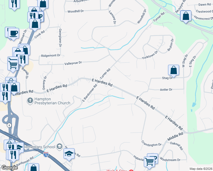 map of restaurants, bars, coffee shops, grocery stores, and more near 3125 East Hardies Road in Gibsonia