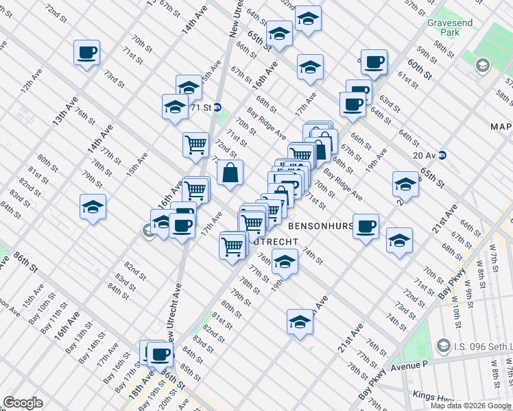 map of restaurants, bars, coffee shops, grocery stores, and more near 1728 73rd Street in Brooklyn