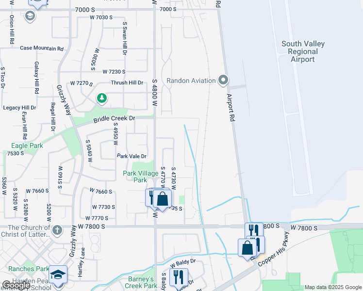 map of restaurants, bars, coffee shops, grocery stores, and more near 7502 Lace Wood Drive in West Jordan