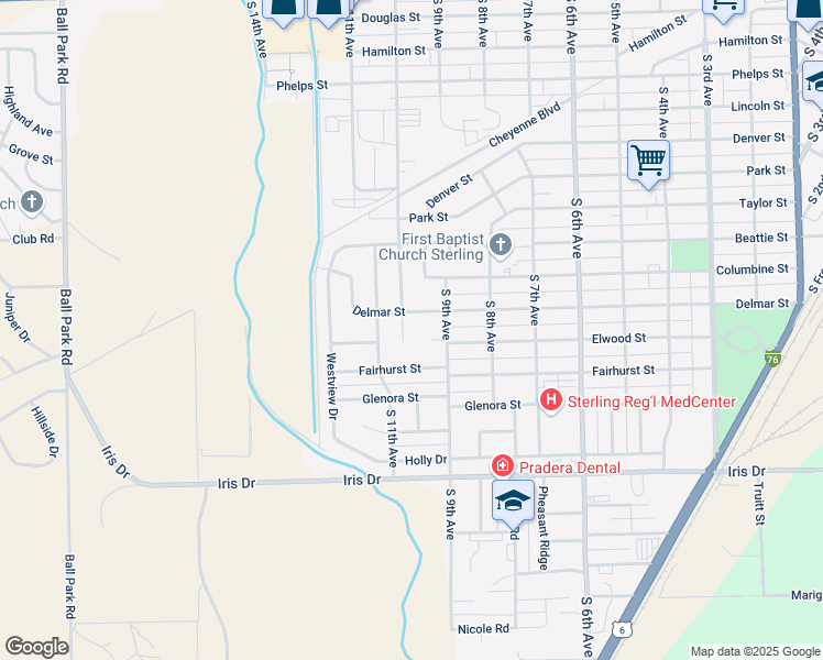 map of restaurants, bars, coffee shops, grocery stores, and more near 1020 South 10th Avenue in Sterling