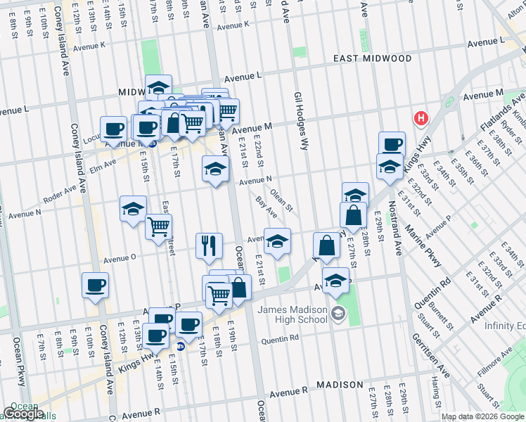map of restaurants, bars, coffee shops, grocery stores, and more near 2123 Bay Avenue in Brooklyn