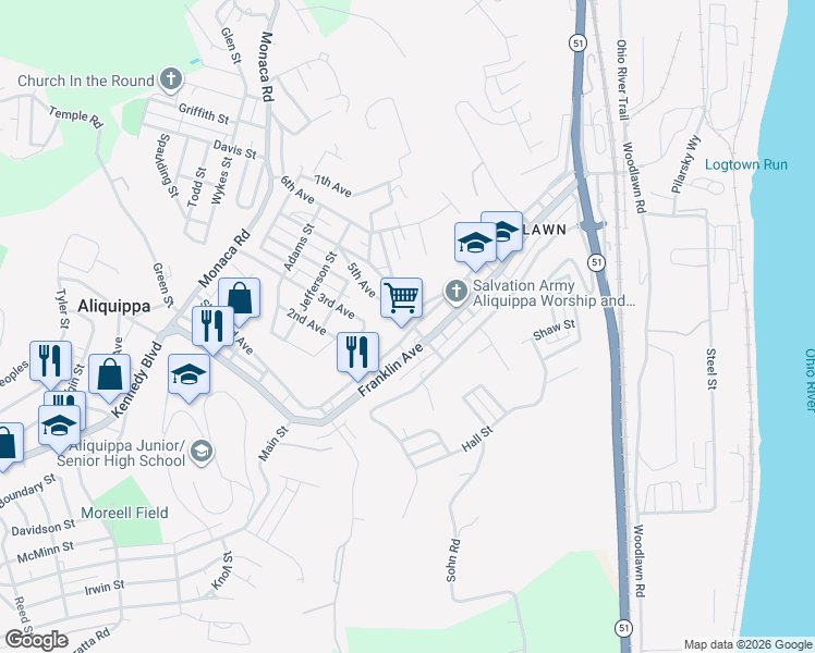 map of restaurants, bars, coffee shops, grocery stores, and more near 542 Sheffield Avenue in Aliquippa