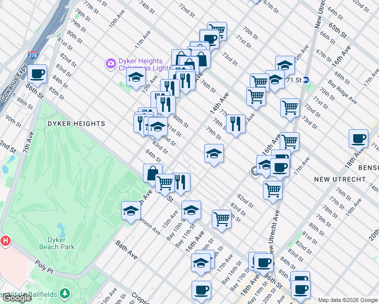 map of restaurants, bars, coffee shops, grocery stores, and more near 1401 81st Street in Brooklyn