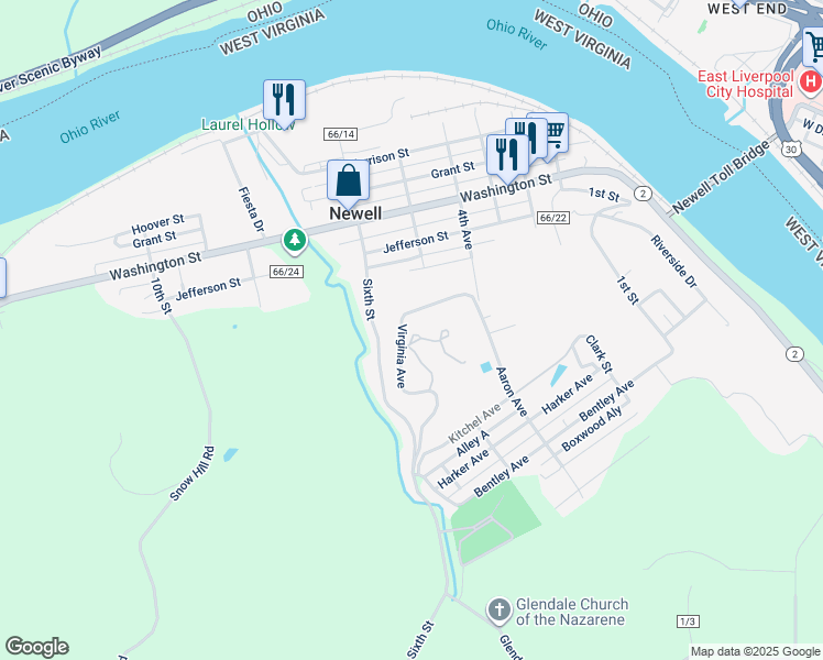 map of restaurants, bars, coffee shops, grocery stores, and more near 372 Virginia Avenue in Newell