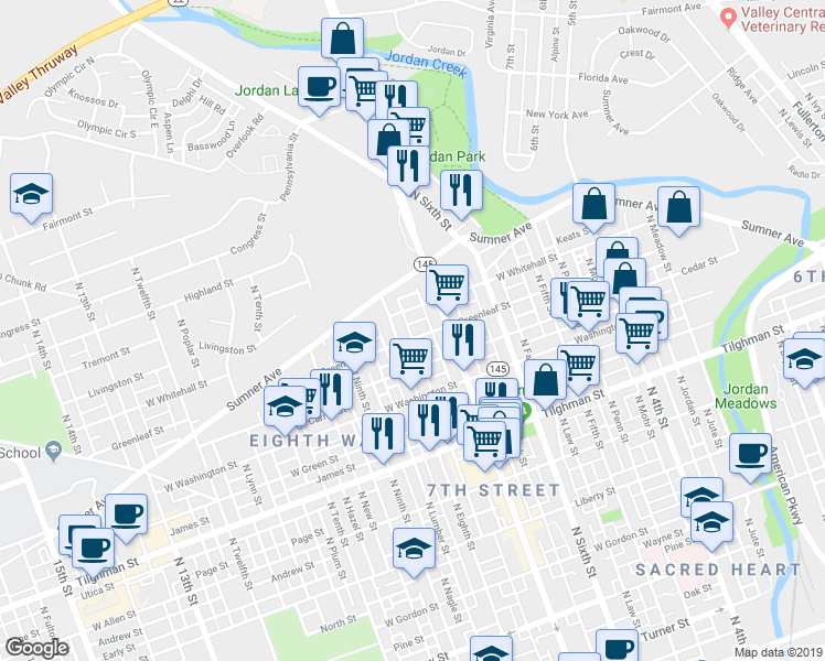 map of restaurants, bars, coffee shops, grocery stores, and more near 731 West Greenleaf Street in Allentown