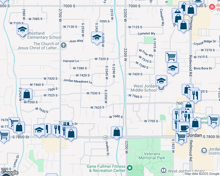map of restaurants, bars, coffee shops, grocery stores, and more near 2327 West Jordan Meadows Lane in West Jordan