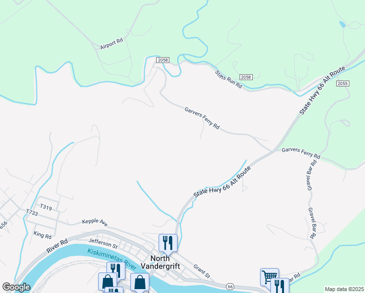 map of restaurants, bars, coffee shops, grocery stores, and more near 1122 Pine View Lane in Vandergrift