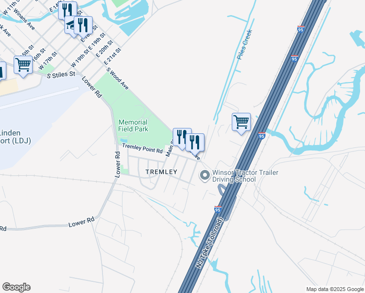 map of restaurants, bars, coffee shops, grocery stores, and more near 3022 South Wood Avenue in Linden