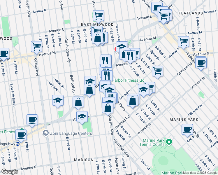 map of restaurants, bars, coffee shops, grocery stores, and more near 1502 East 31st Street in Brooklyn