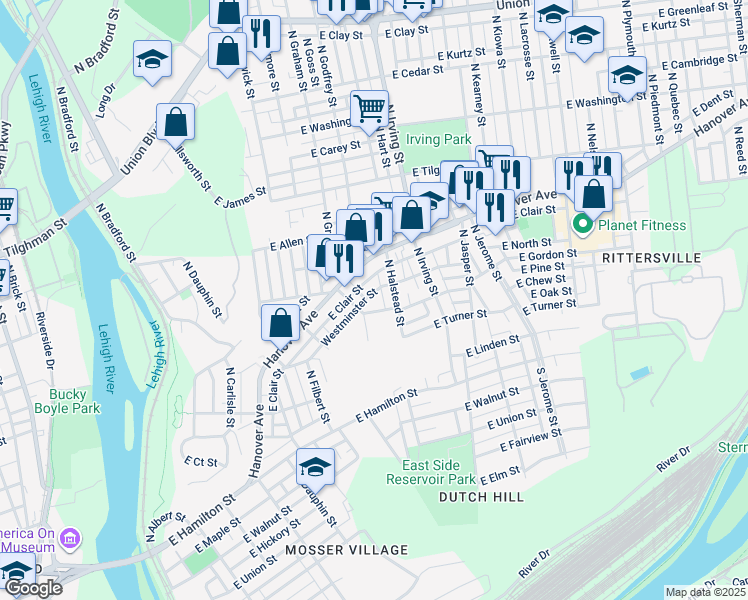 map of restaurants, bars, coffee shops, grocery stores, and more near 718 Westminster Street in Allentown