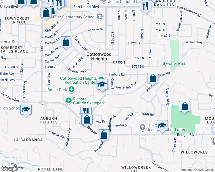 map of restaurants, bars, coffee shops, grocery stores, and more near 7491 South 2700 East in Cottonwood Heights