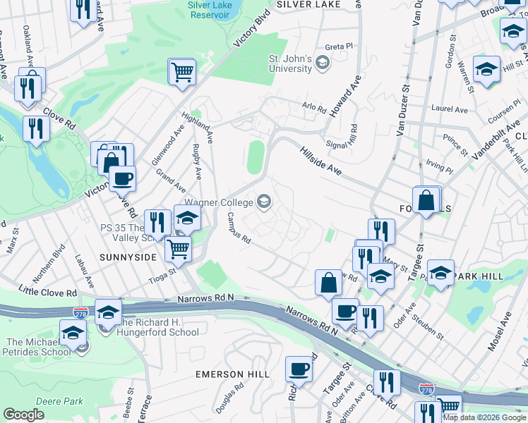 map of restaurants, bars, coffee shops, grocery stores, and more near 1 Campus Road in Staten Island
