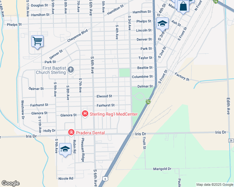 map of restaurants, bars, coffee shops, grocery stores, and more near 401 Delmar Street in Sterling