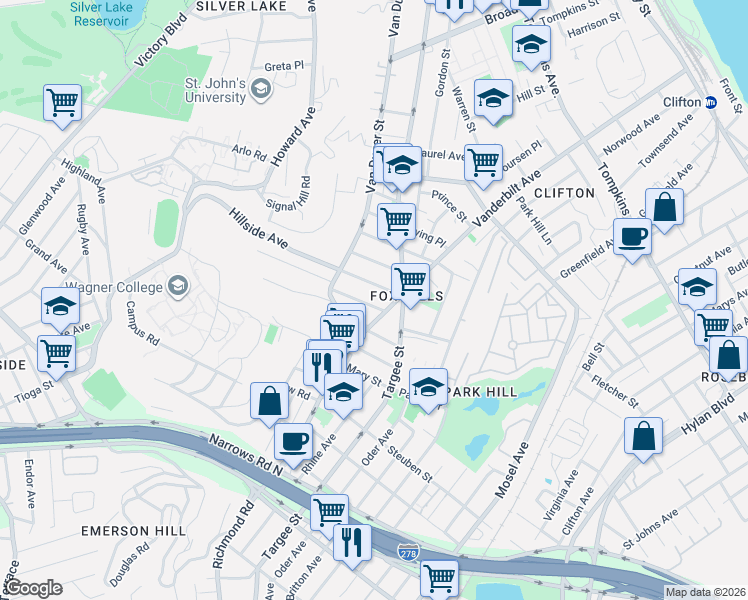 map of restaurants, bars, coffee shops, grocery stores, and more near 326 Hillside Avenue in Staten Island