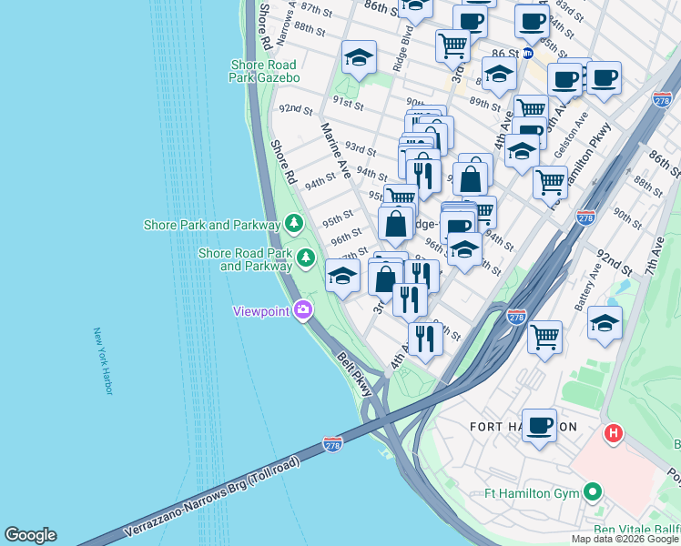 map of restaurants, bars, coffee shops, grocery stores, and more near 123A 97th Street in Brooklyn