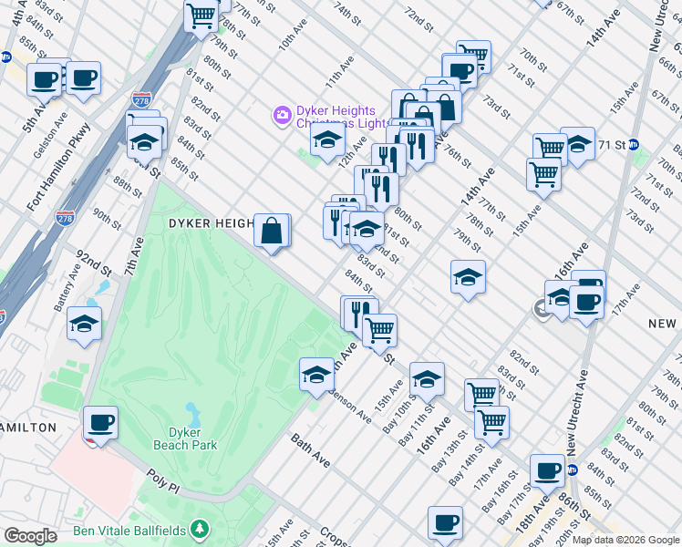 map of restaurants, bars, coffee shops, grocery stores, and more near 1310 84th Street in Brooklyn
