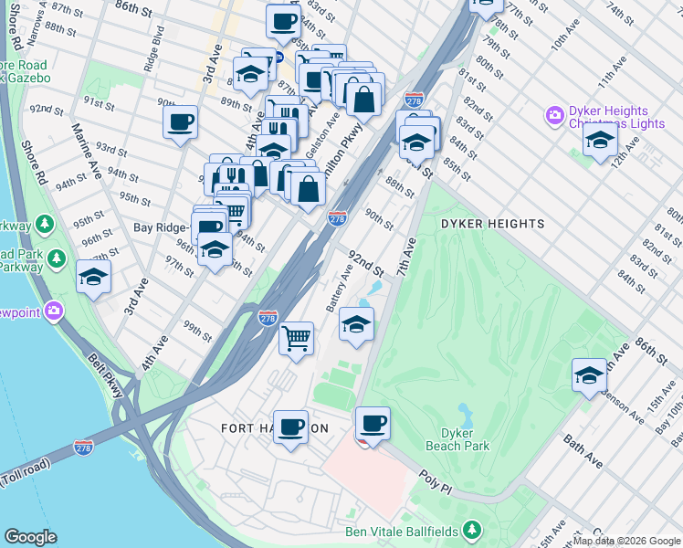 map of restaurants, bars, coffee shops, grocery stores, and more near 166 Battery Avenue in Brooklyn