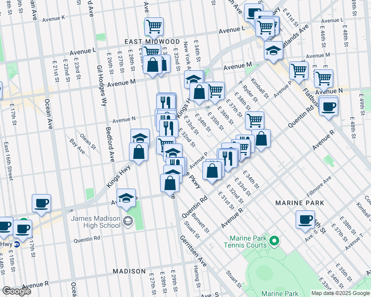 map of restaurants, bars, coffee shops, grocery stores, and more near 1535 East 32nd Street in Brooklyn