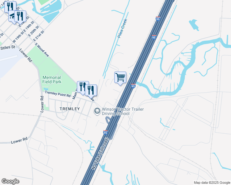 map of restaurants, bars, coffee shops, grocery stores, and more near 3401 Tremley Point Road in Linden