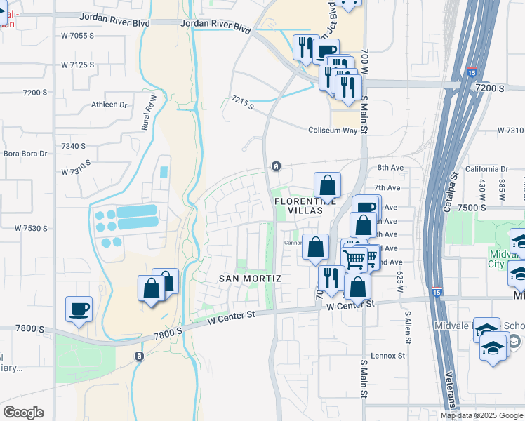 map of restaurants, bars, coffee shops, grocery stores, and more near 948 Tuscany View Road in Midvale