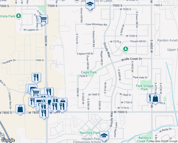map of restaurants, bars, coffee shops, grocery stores, and more near 7493 Bridle Mark Way in West Jordan