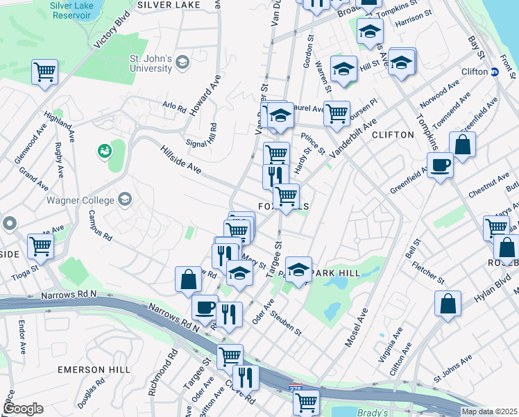 map of restaurants, bars, coffee shops, grocery stores, and more near 326 Hillside Avenue in Staten Island