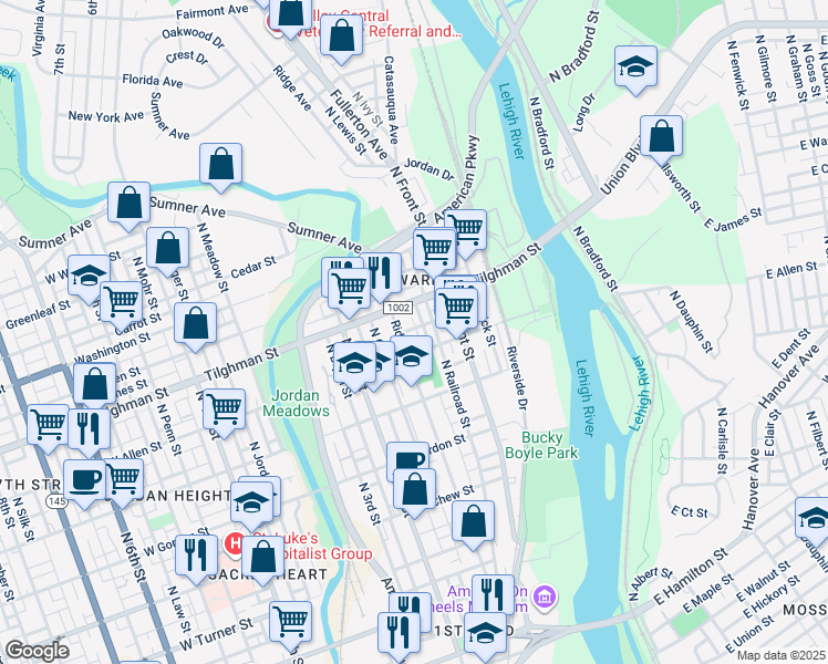 map of restaurants, bars, coffee shops, grocery stores, and more near 144 1/2 West Sycamore Street in Allentown